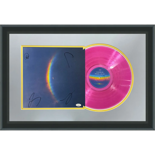 Framed pink Coldplay Moon Music deluxe framed record with signed cover