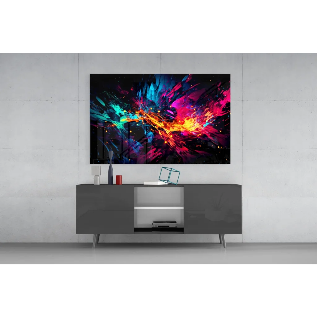 Vibrant neon explosion abstract canvas wall art in blue magenta orange on black