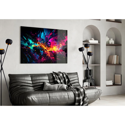 Vibrant neon explosion abstract canvas wall art in blue magenta orange