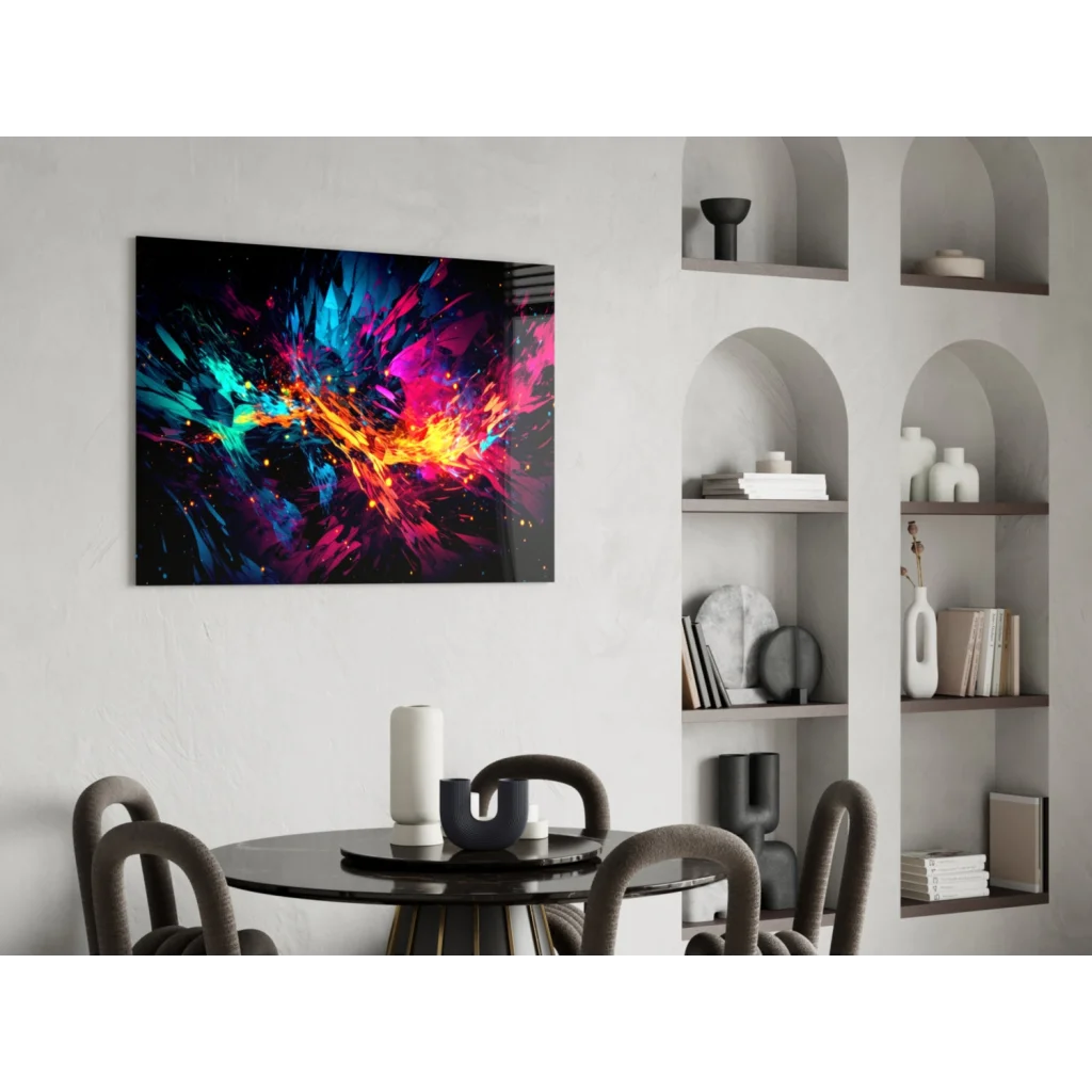 Vibrant neon explosion abstract canvas wall art in blue pink orange teal on black