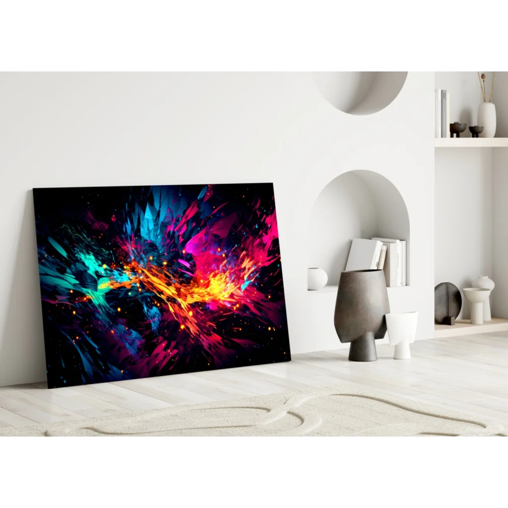 Vibrant neon explosion abstract canvas wall art in blue magenta orange