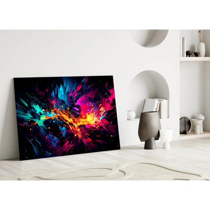 Vibrant neon explosion abstract canvas wall art in blue magenta orange