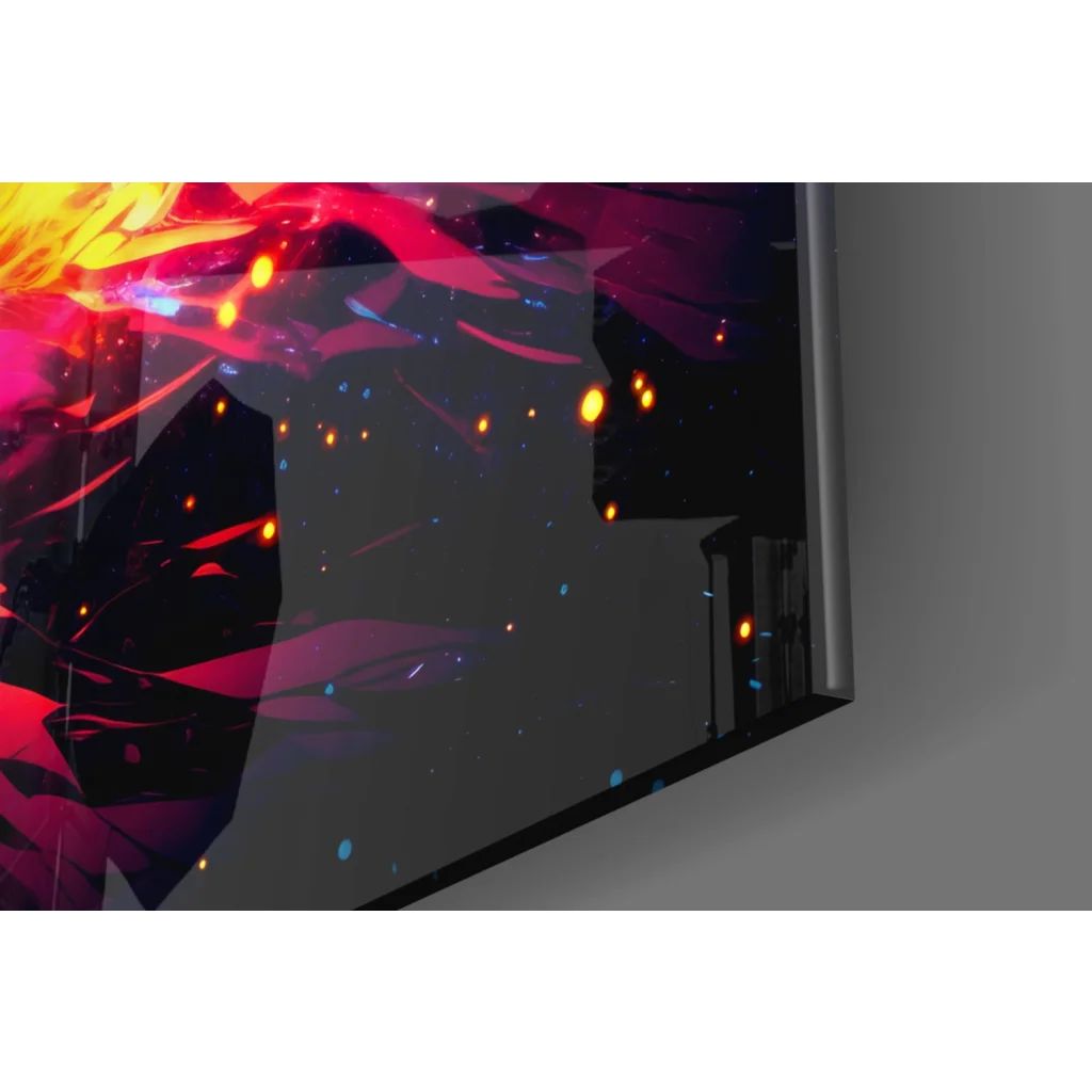 Neon explosion abstract glass wall art with fiery reds on TV screen