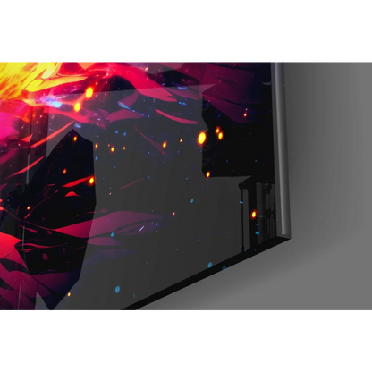 Neon explosion abstract glass wall art with fiery reds on TV screen