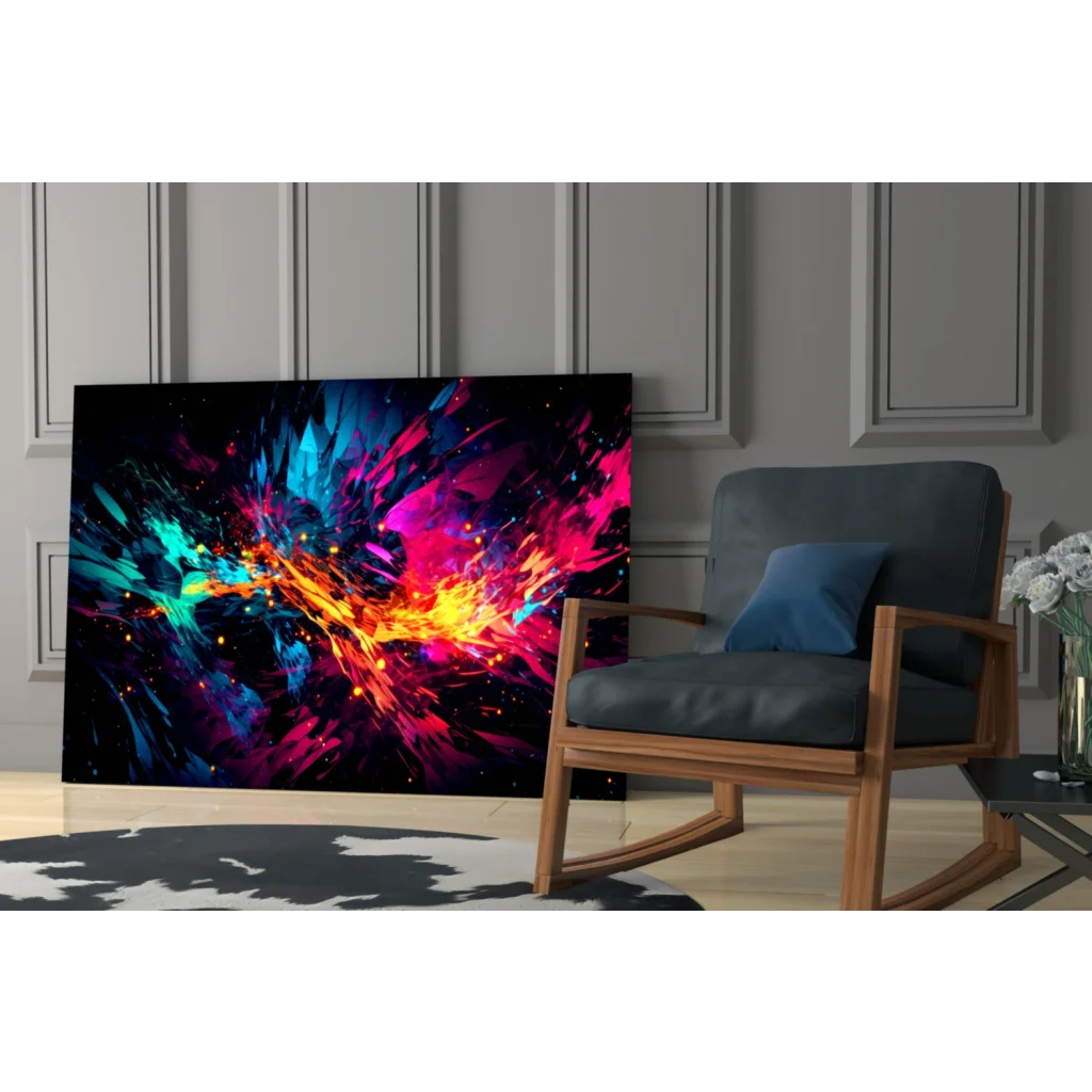 Neon explosion abstract canvas wall art with vibrant pink, blue, orange bursts on black