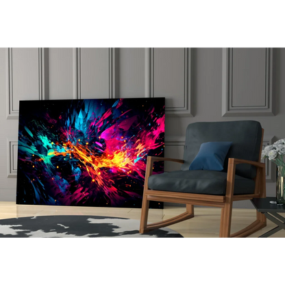 Neon explosion abstract canvas wall art with vibrant pink, blue, orange bursts on black