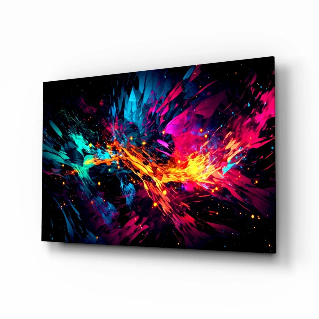 Vibrant neon explosion abstract canvas wall art in pink, blue, orange