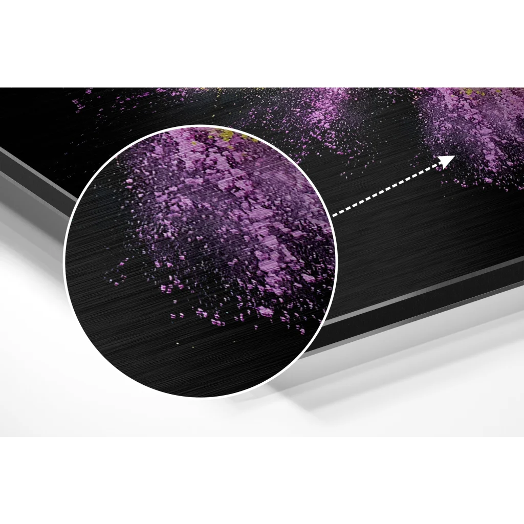 glass wall art Black-framed display of purple gold explosion on brushed aluminium dibond art