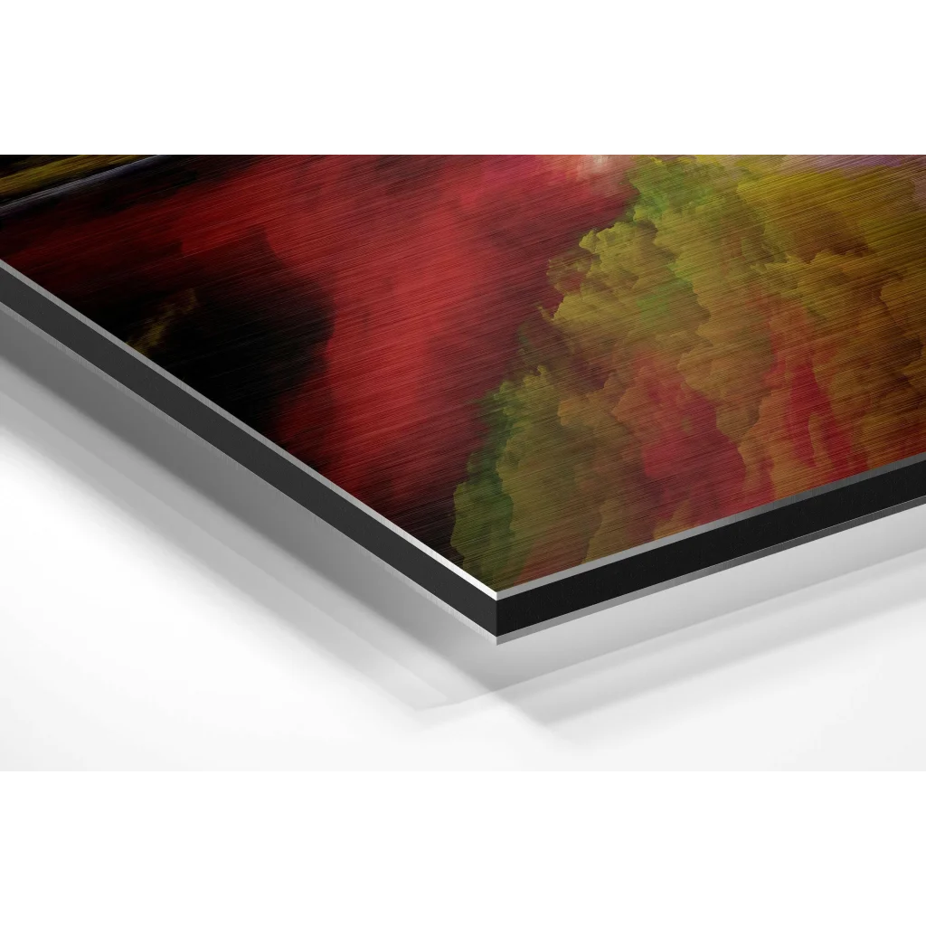 Vibrant abstract art with swirling reds, greens, yellows on brushed aluminium dibond