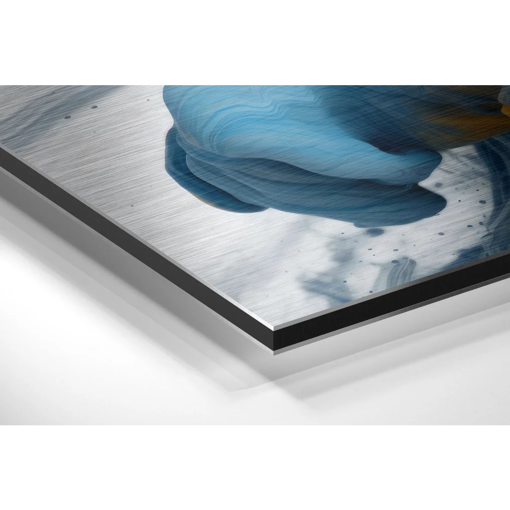 Blue abstract acrylic on brushed aluminium dibond canvas with black frame