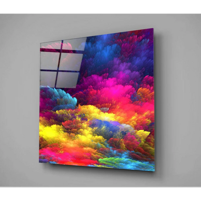 Neon swirl glass wall art panel with vibrant pink, blue, yellow, purple clouds