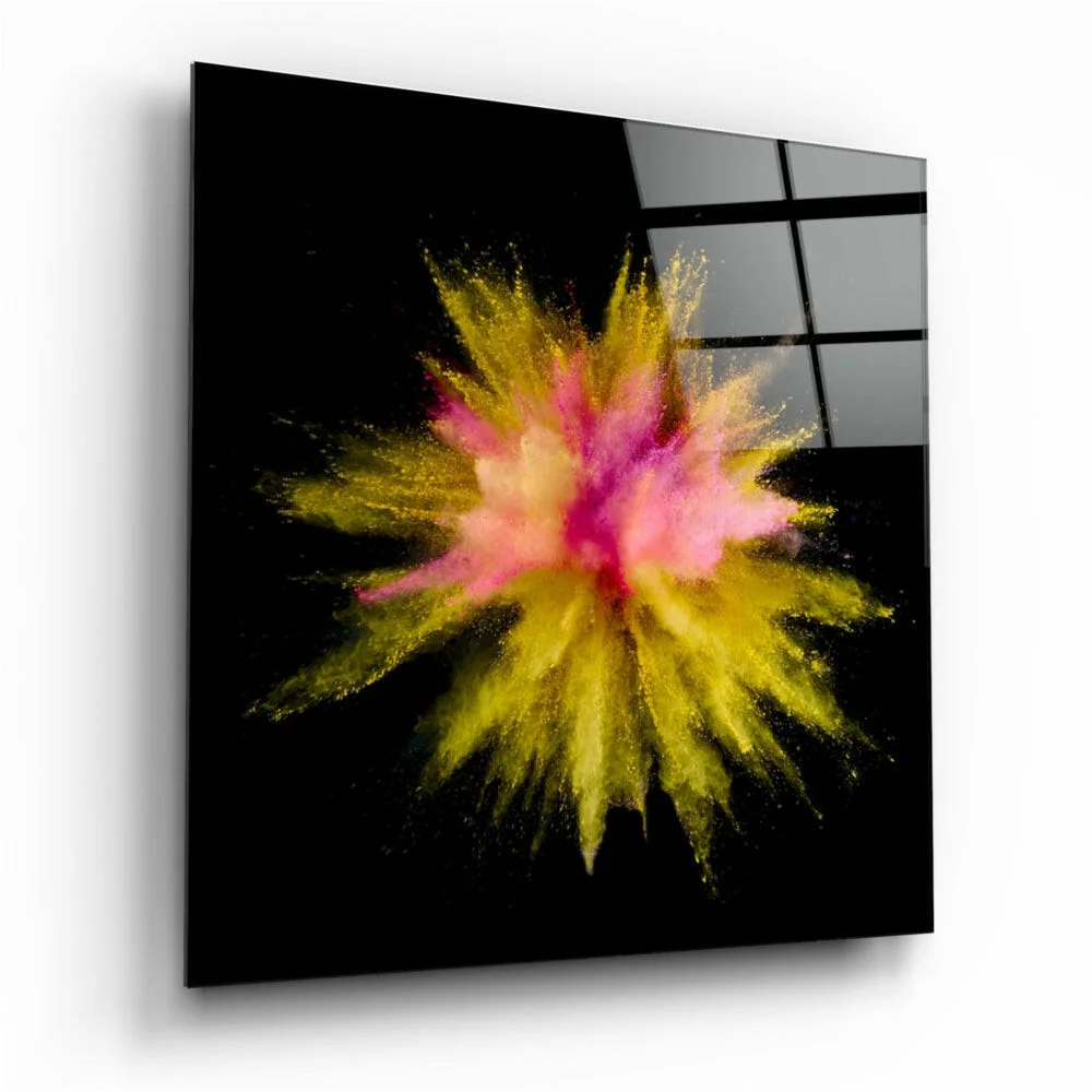 Vibrant yellow pink powder burst on sleek black glass wall art