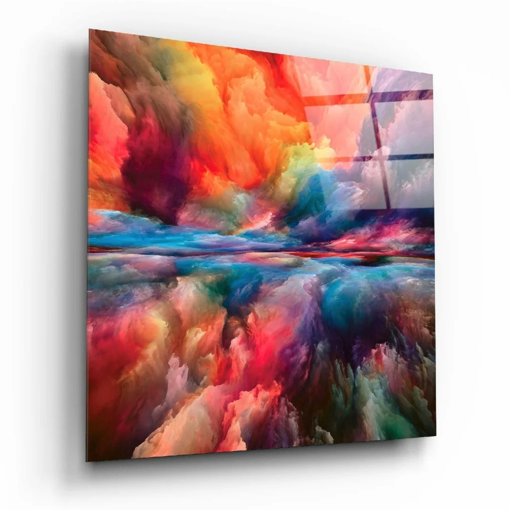 Vibrant abstract glass wall art panel with swirling orange, red, blue, purple clouds