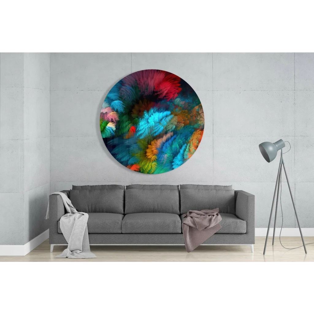 Vibrant swirling tempered glass art in red, blue, teal, orange hues