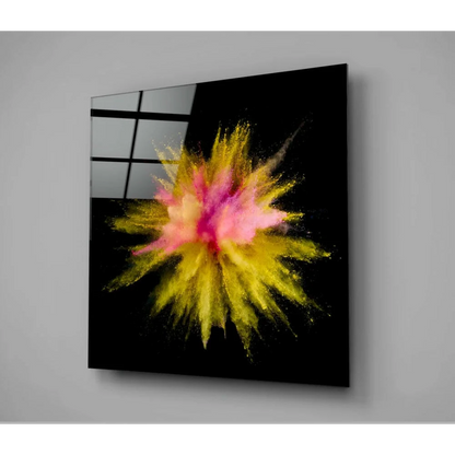 Vibrant yellow pink powder burst glass wall art on black acrylic