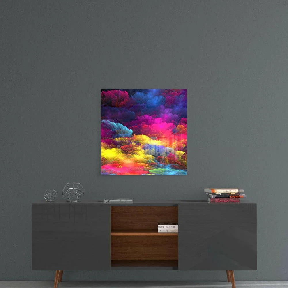 Vibrant neon swirl abstract glass wall art with magenta, blue, yellow clouds