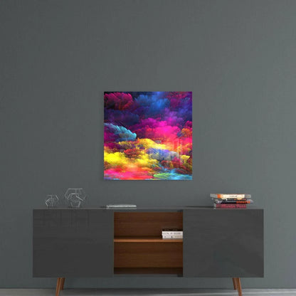 Vibrant neon swirl abstract glass wall art with magenta, blue, yellow clouds