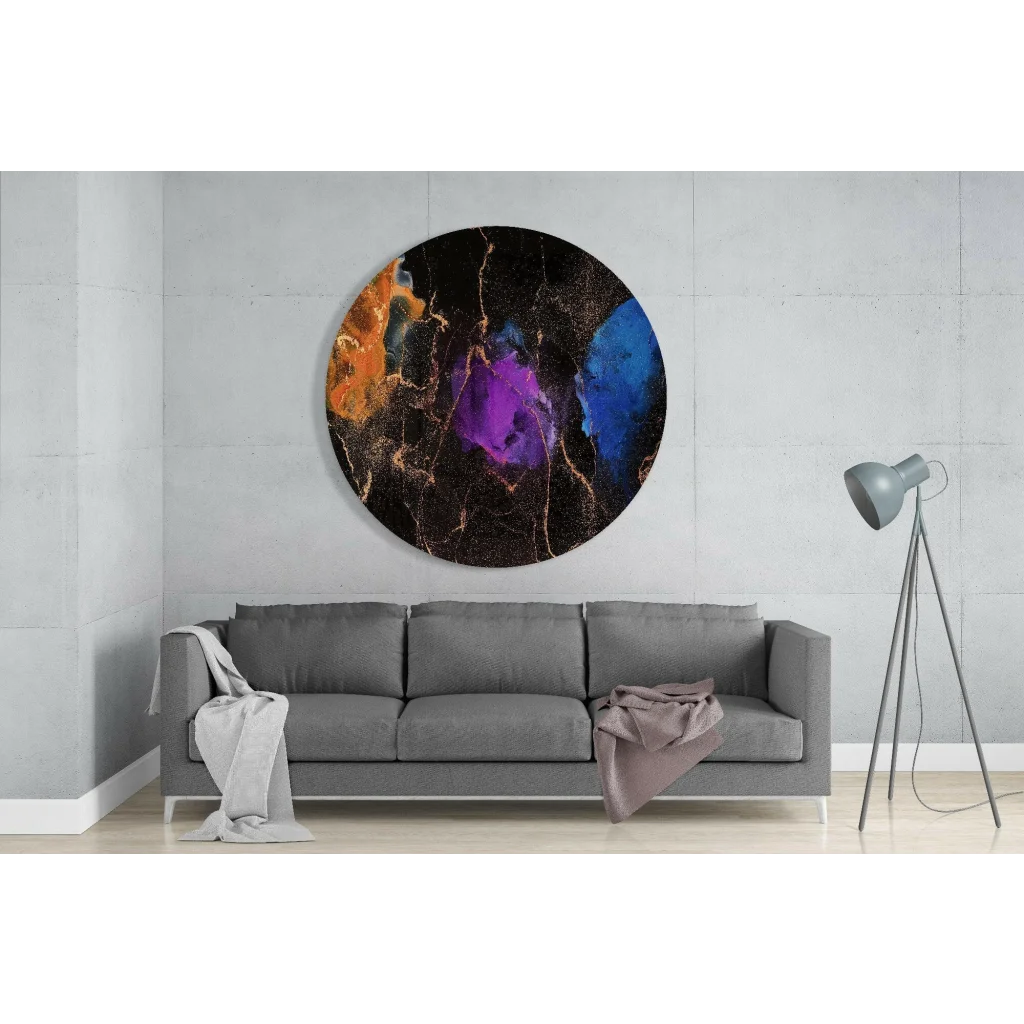 Vibrant cosmic swirl tempered glass art in orange, purple, blue hues