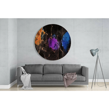 Vibrant cosmic swirl tempered glass art in orange, purple, blue hues