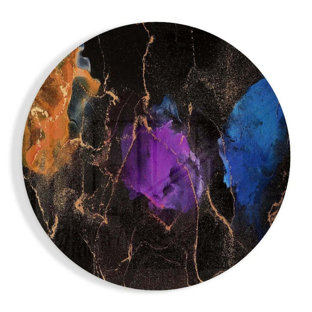Cosmic Swirl tempered glass art with purple blue orange gold swirls