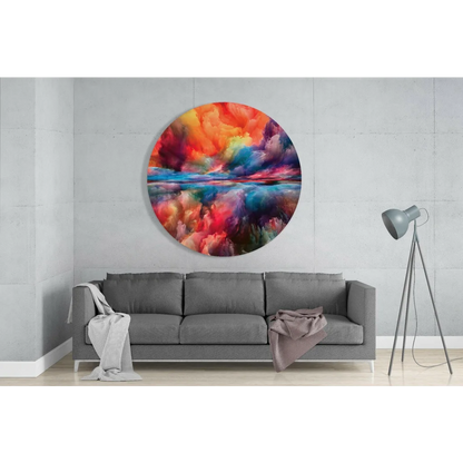 Fiery swirl tempered glass art with vibrant orange, red, blue, and purple hues above gray sofa