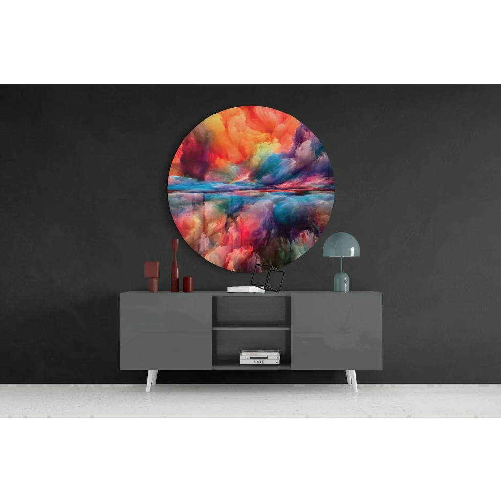 Fiery swirl tempered glass art with vibrant orange red blue purple clouds
