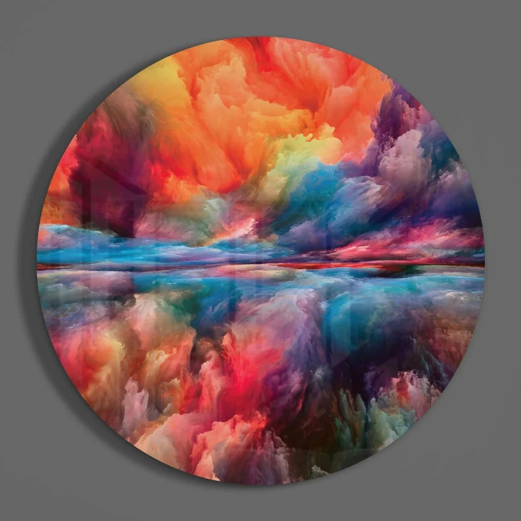 Vibrant fiery swirl tempered glass art with orange, purple, blue clouds