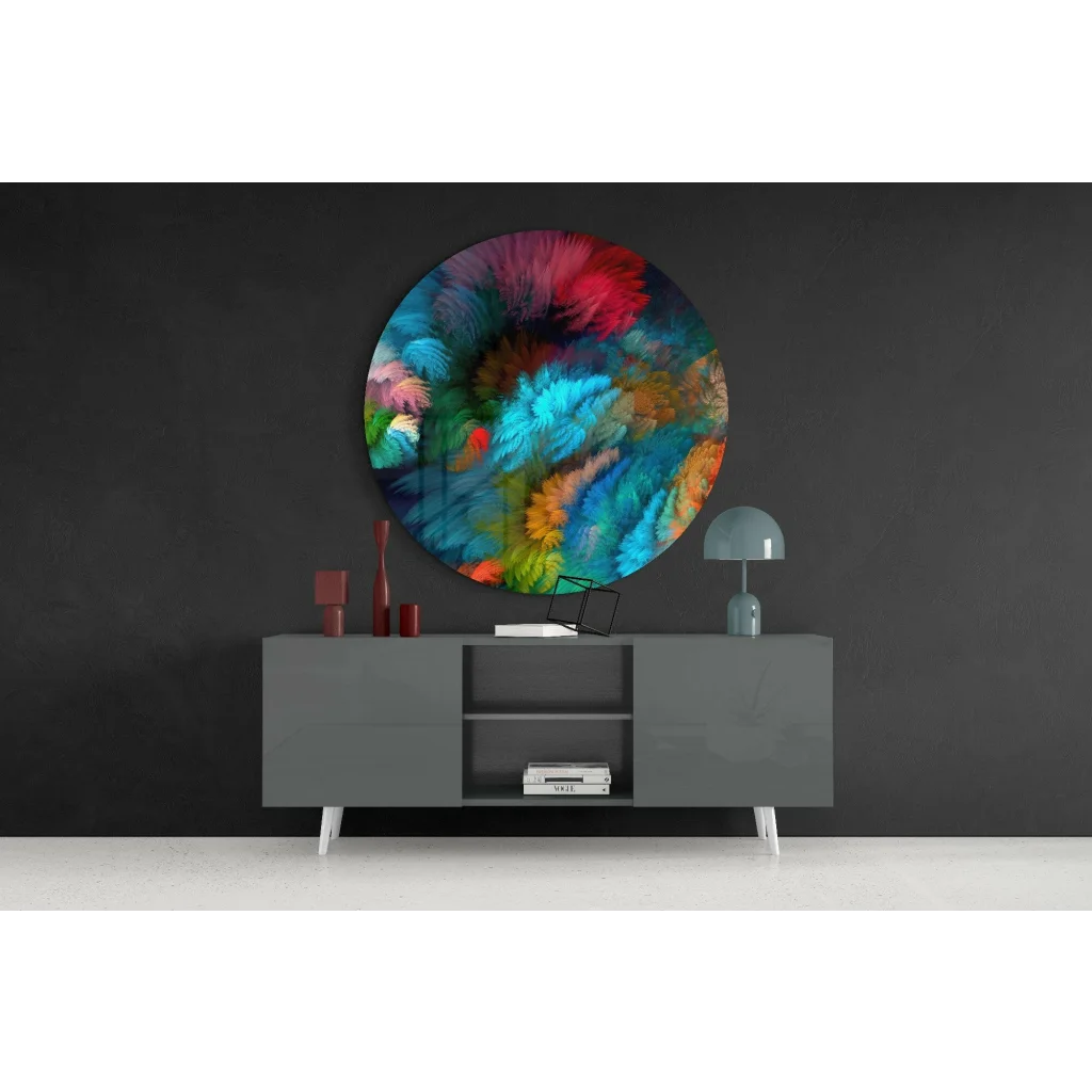 Vibrant swirling feather tempered glass art in electric blue, red, green, orange hues