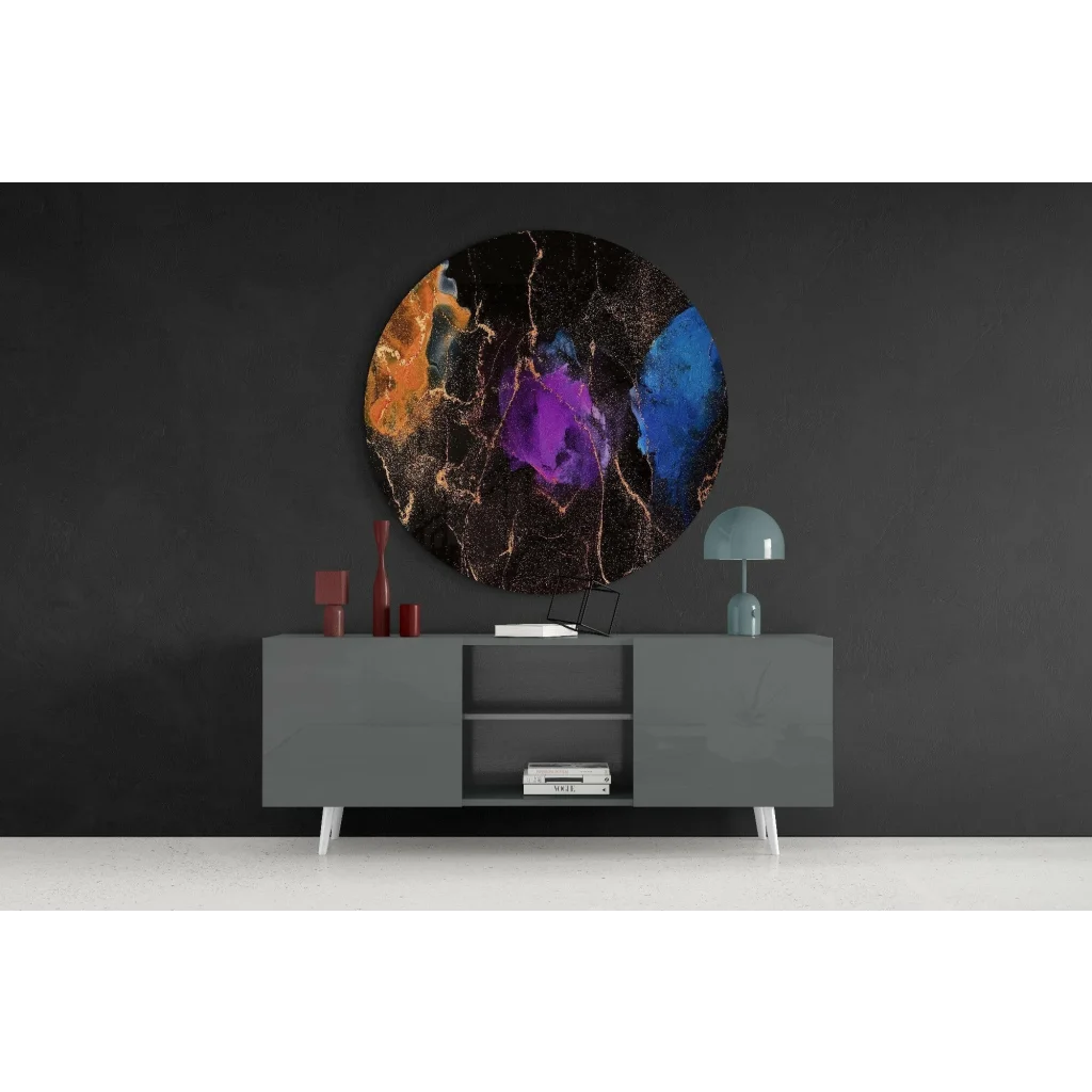 Vibrant cosmic swirl tempered glass art in orange purple blue hues