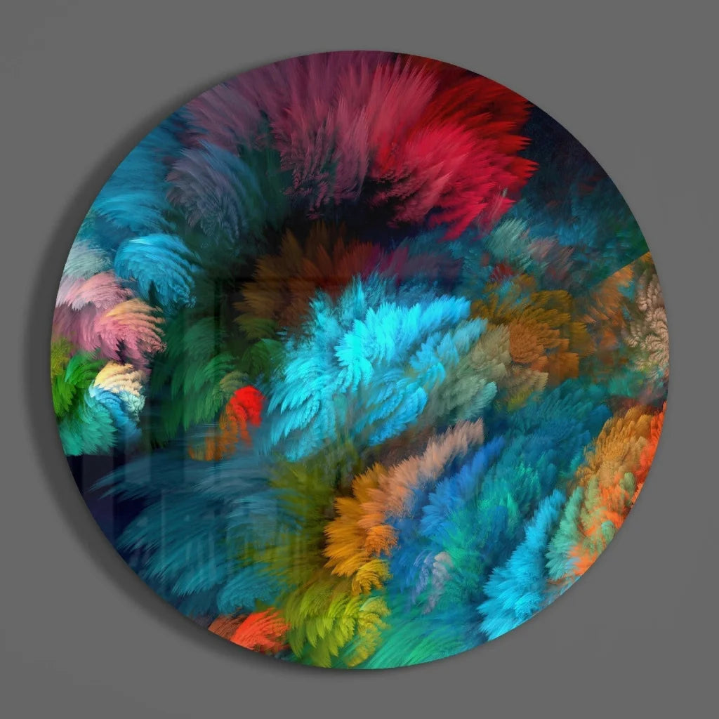 Vibrant swirling feather tempered glass art in electric blues, reds, greens