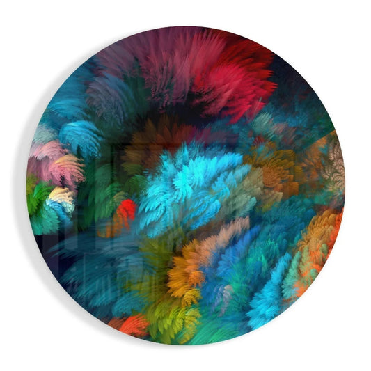Vibrant swirling feather tempered glass art in bold red, blue, teal, green, orange hues