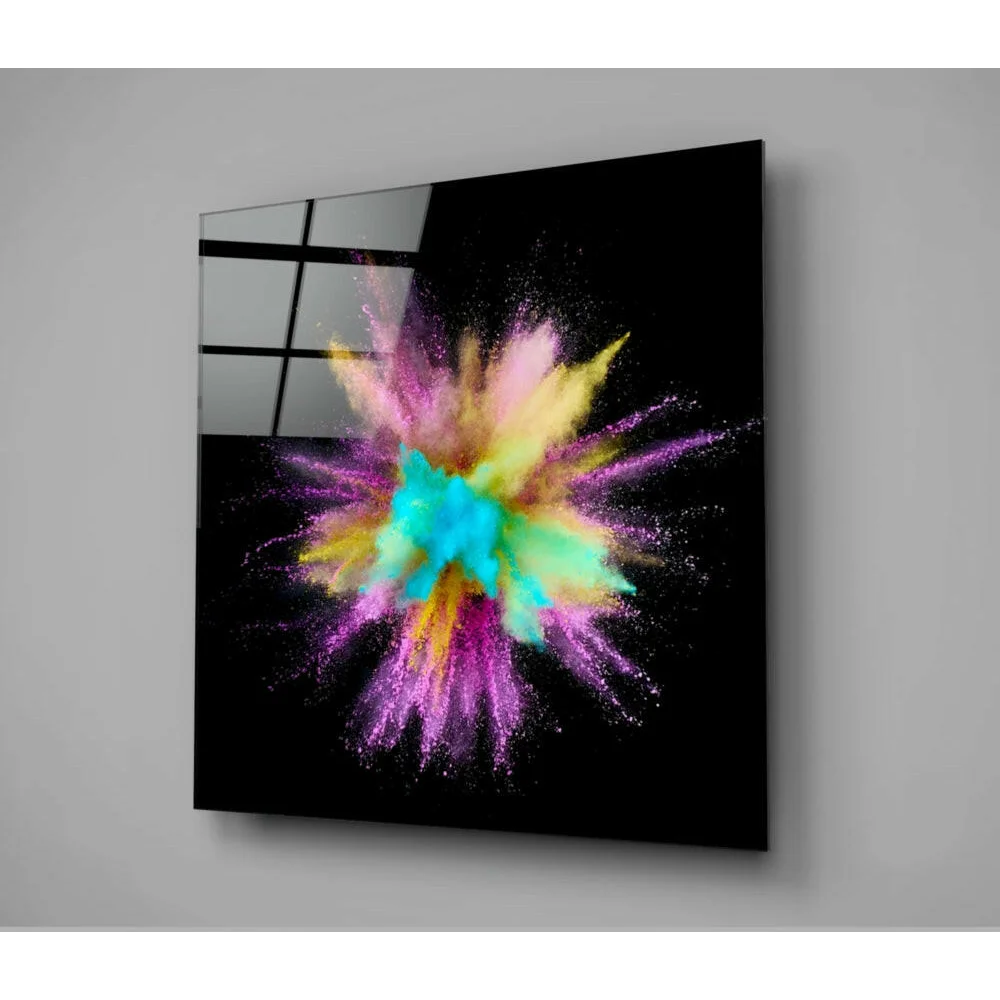 Vibrant multicolored powder explosion on sleek black glass wall art panel