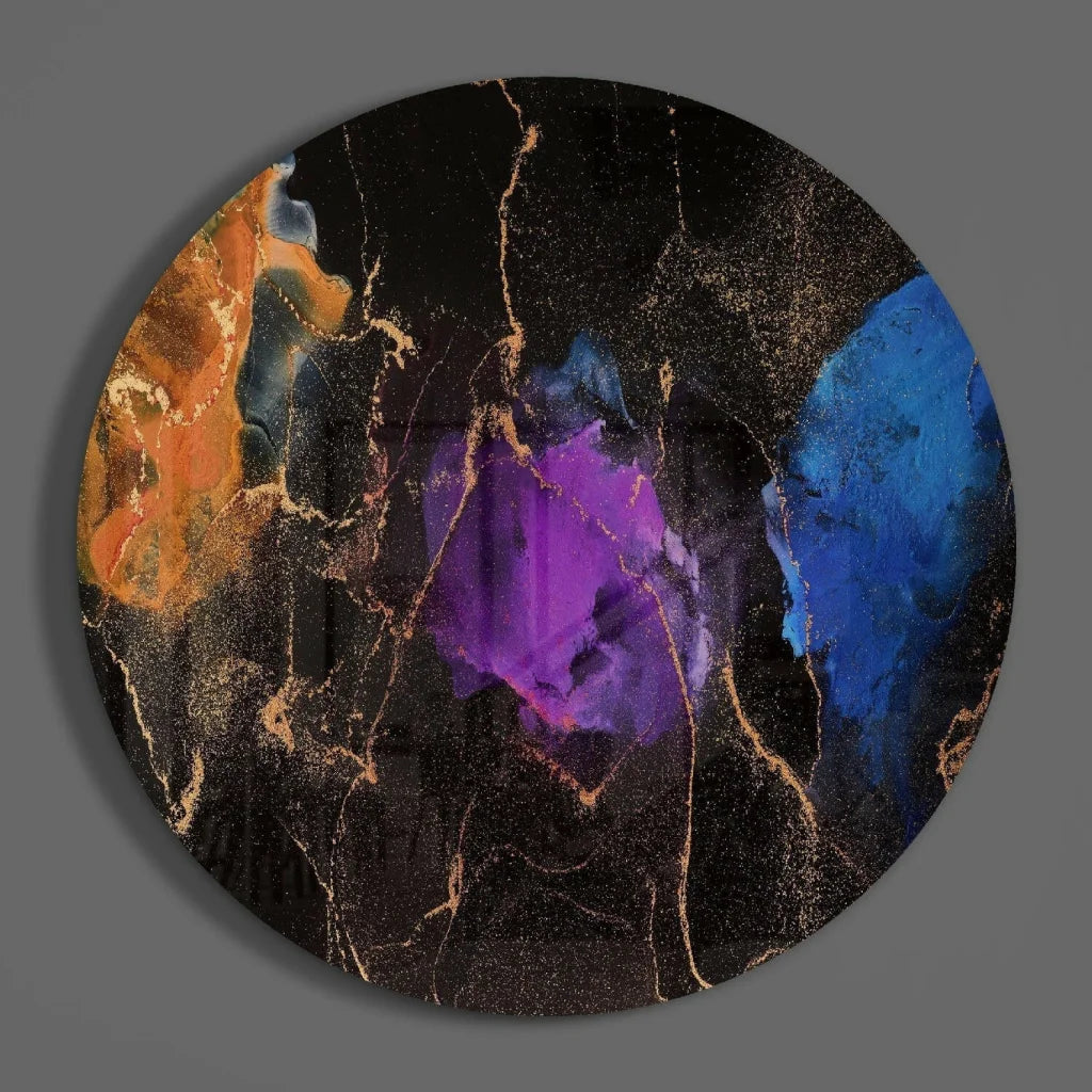 Cosmic swirl tempered glass art in purple, blue, orange, gold hues