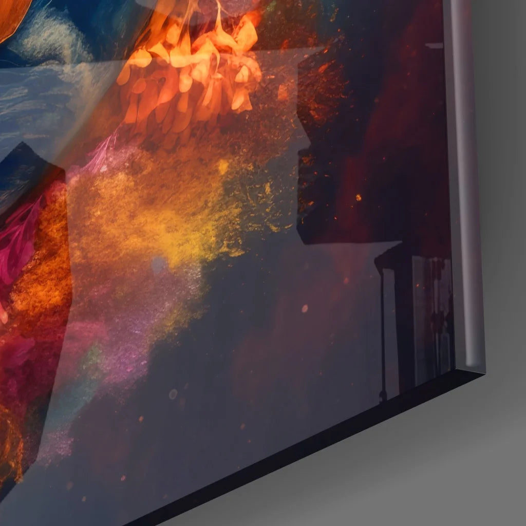 Fiery tempered glass art with orange flames and cosmic swirls