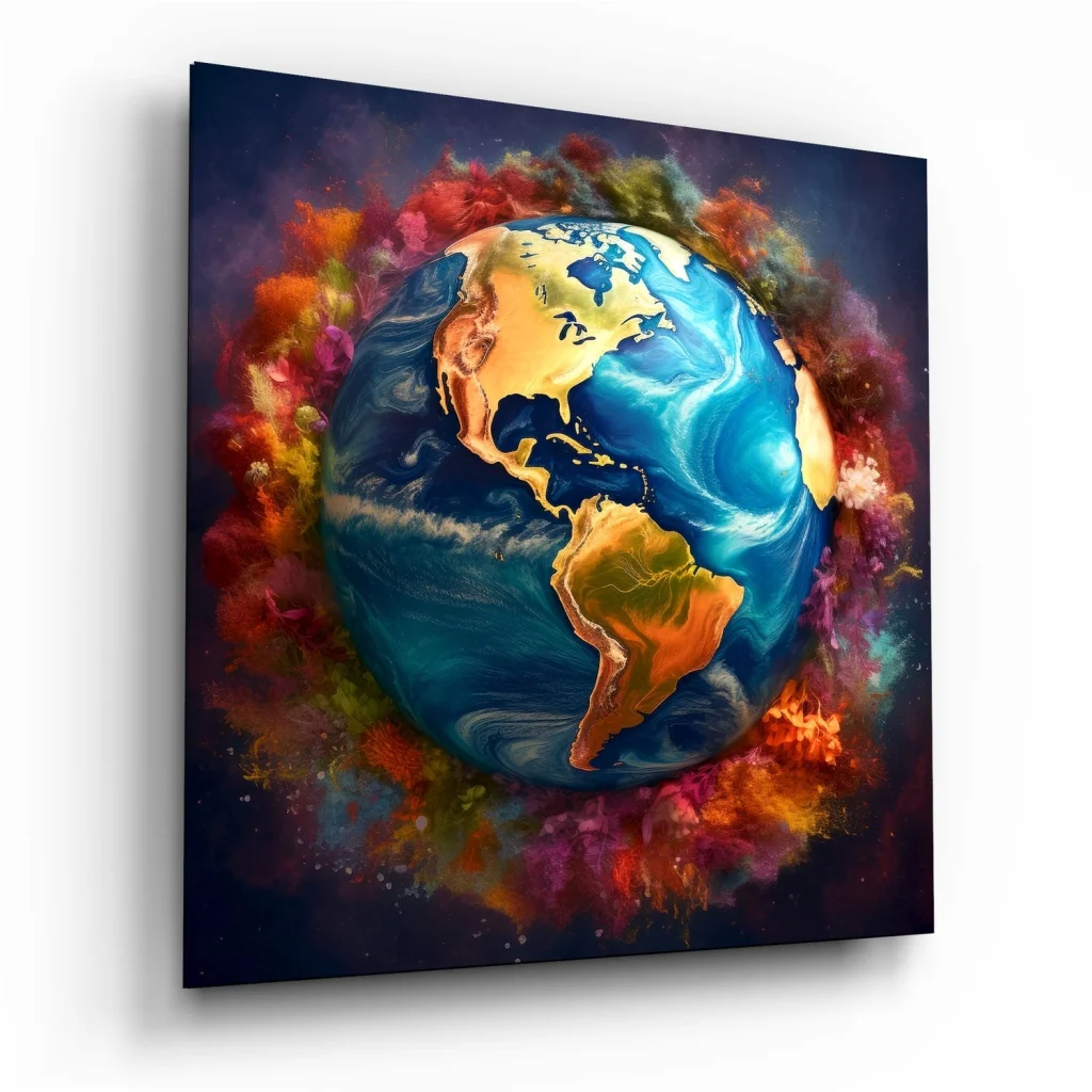 Vibrant fiery earth tempered glass art with cosmic swirls