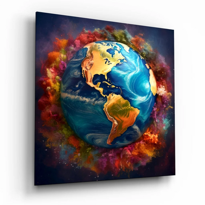 Vibrant fiery earth tempered glass art with cosmic swirls