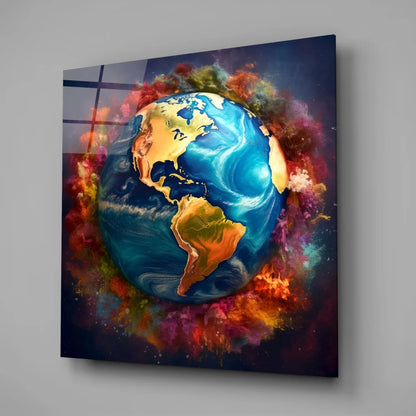 Vibrant fiery earth tempered glass art with cosmic swirls