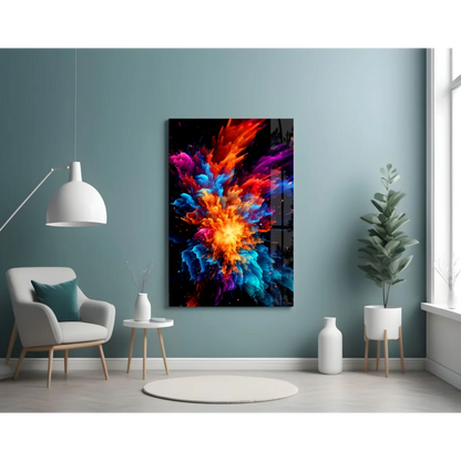 Vibrant explosive color burst glass wall art on black canvas