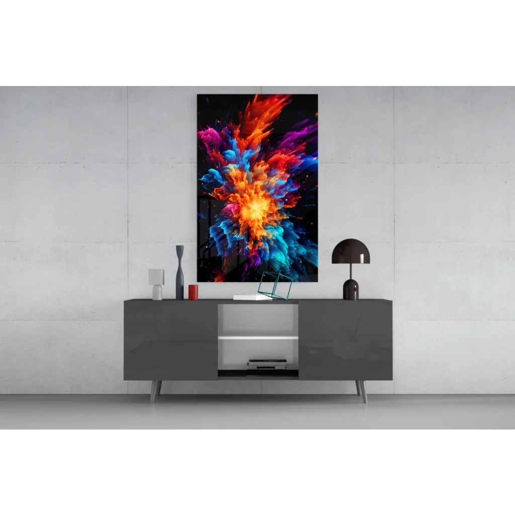 Vibrant explosive color burst glass wall art on black canvas above gray console