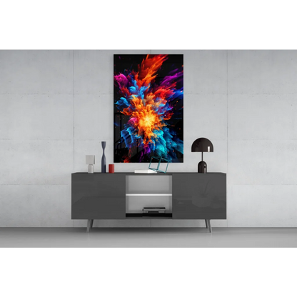Vibrant explosive color burst glass wall art on black canvas above gray console
