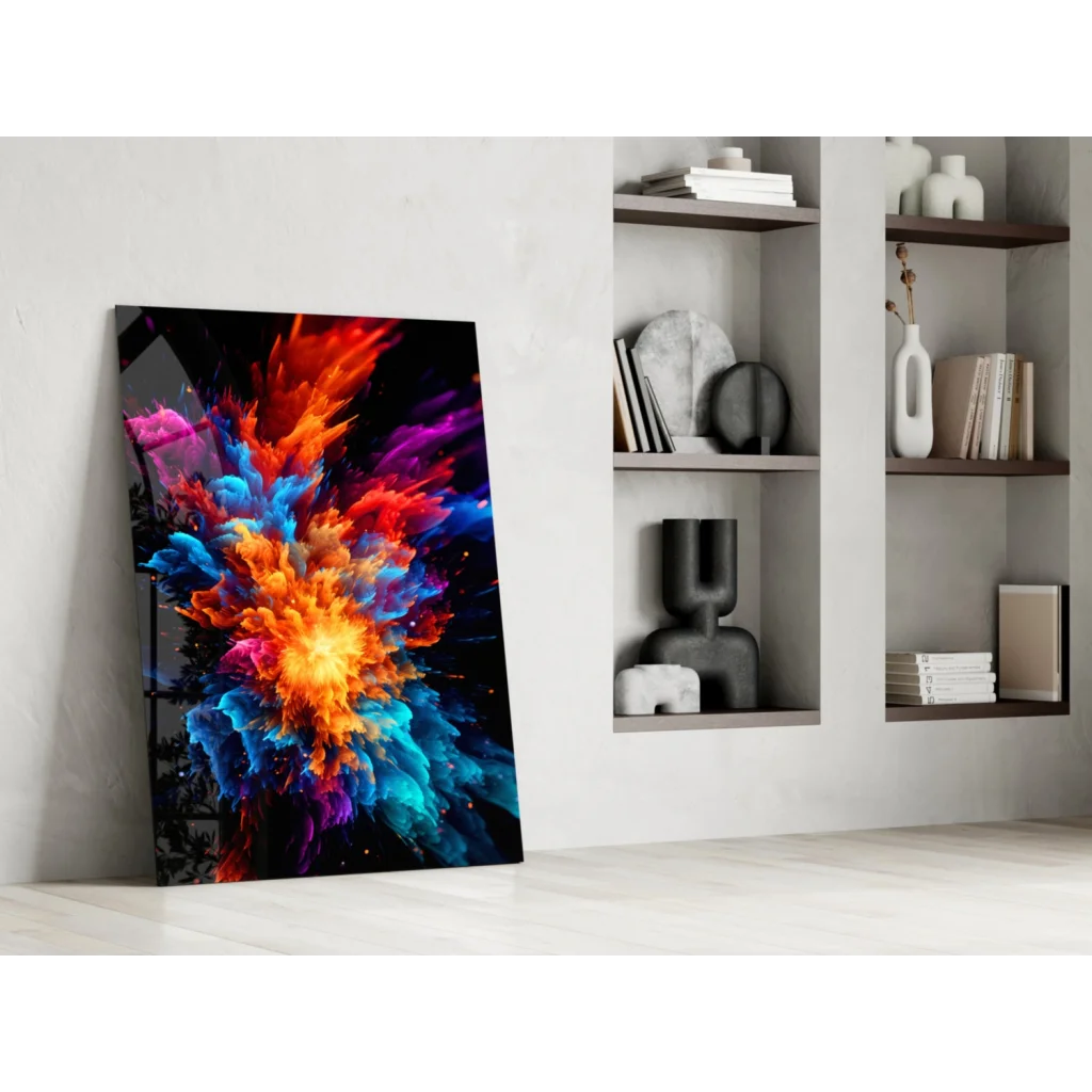Vibrant multicolored powder explosion glass wall art on black canvas