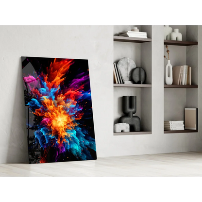 Vibrant multicolored powder explosion glass wall art on black canvas