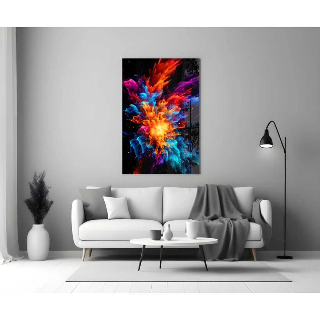 Vibrant explosive color burst glass wall art above white sofa
