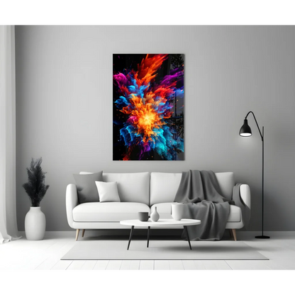 Vibrant explosive color burst glass wall art above white sofa