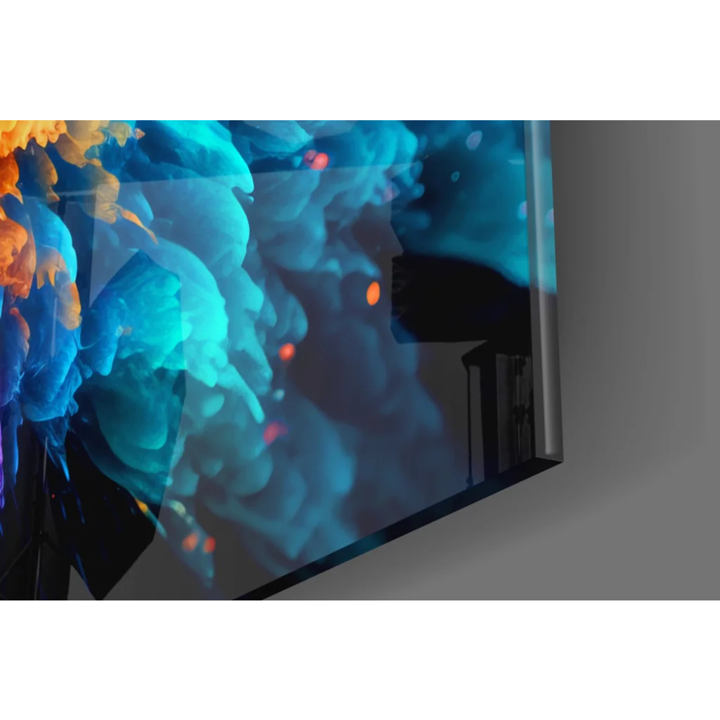 Sleek TV frame shows vibrant blue orange ink swirls in explosive glass wall art