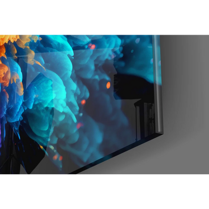 Sleek TV frame shows vibrant blue orange ink swirls in explosive glass wall art
