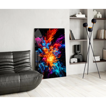 Vibrant explosive color burst glass wall art on black canvas with swirling orange, blue, pink, purple hues