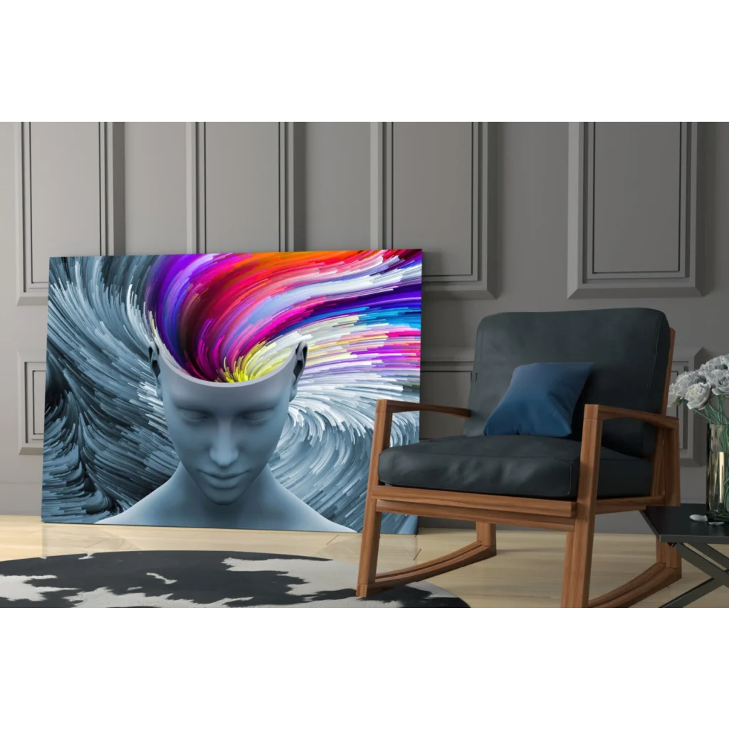 Vibrant abstract canvas wall art of rainbow mind explosion head