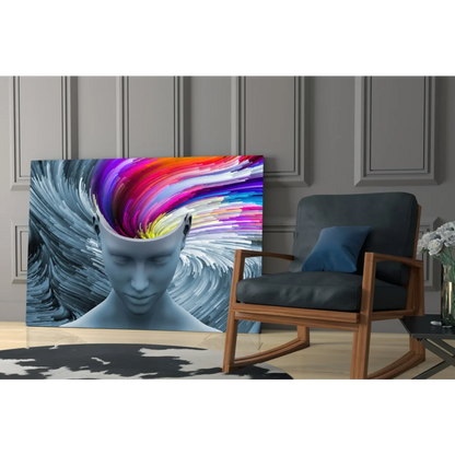 Vibrant abstract canvas wall art of rainbow mind explosion head