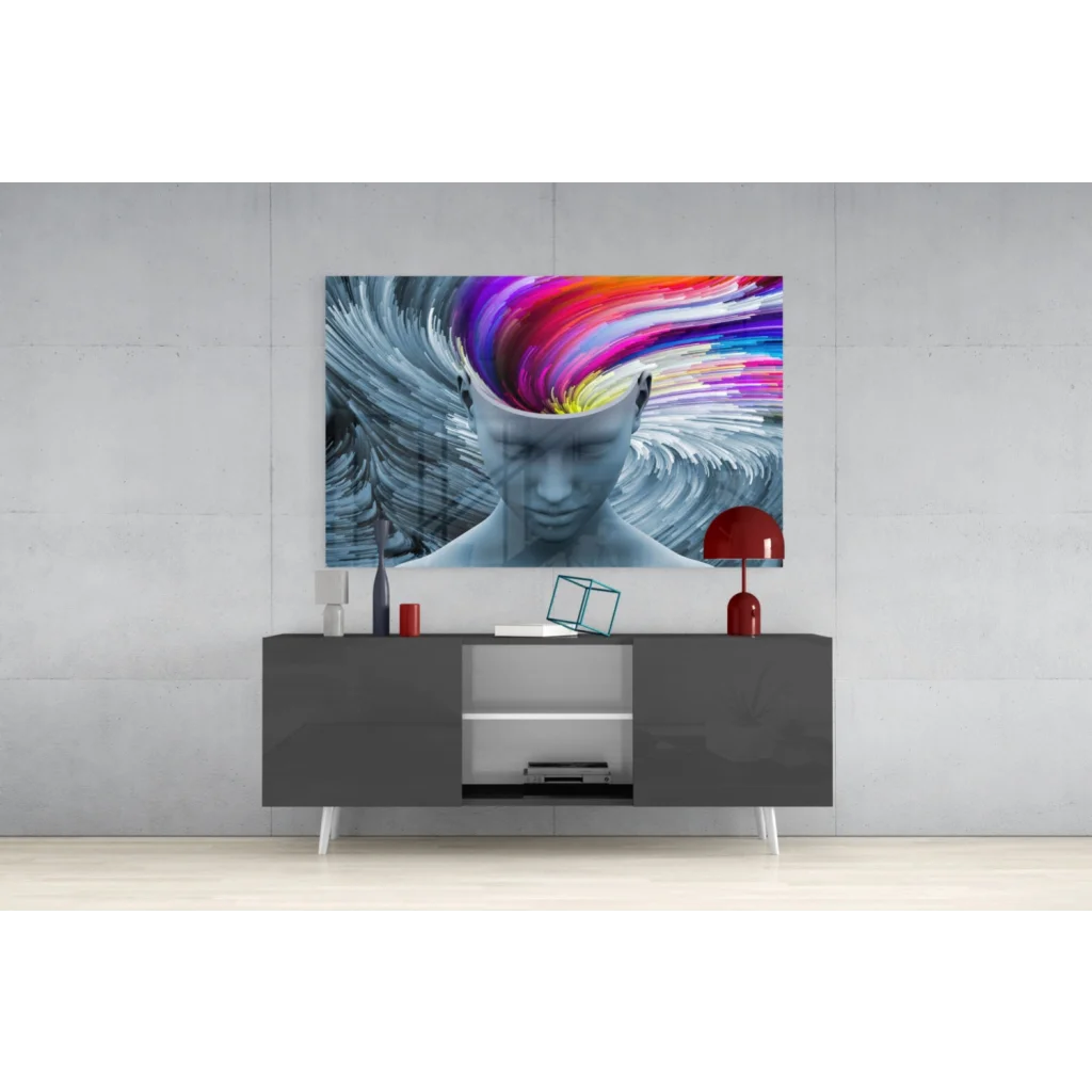Vibrant abstract wall art of human head with rainbow hair on monochrome canvas